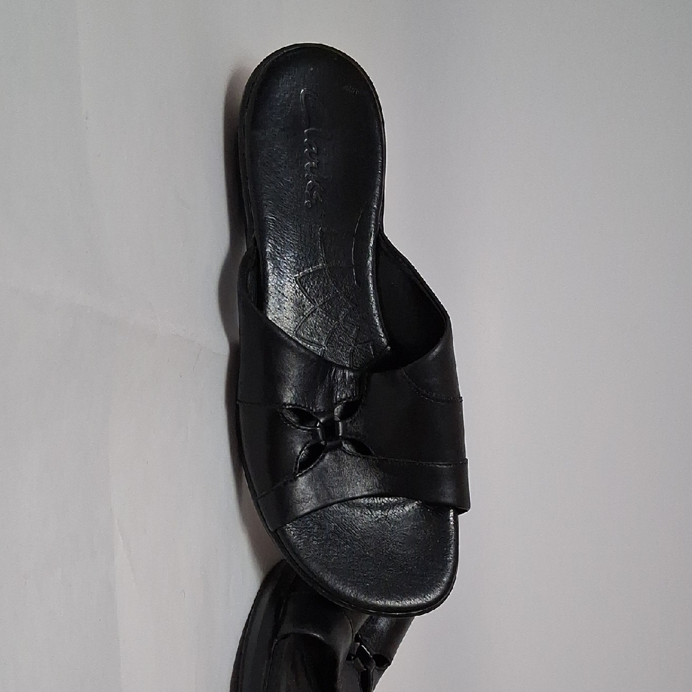 Black Slip-On Leather Slide Sandals